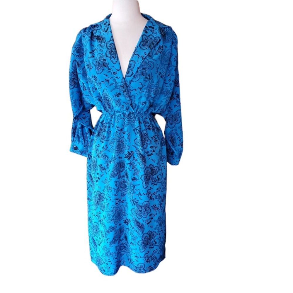 1980s Raoul Blue &‎ Black Polyester Dress